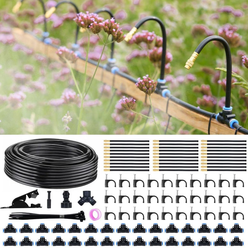 Funpynani 360° Automatic Drip Irrigation Kit - 5/16'' Tubing, Adjustable Universal Spray Nozzle, Copper Atomizing System for Garden/Lawn/Greenhouse - Multi-Directional Rotation, Quick Connectors, 100FT - Image 1